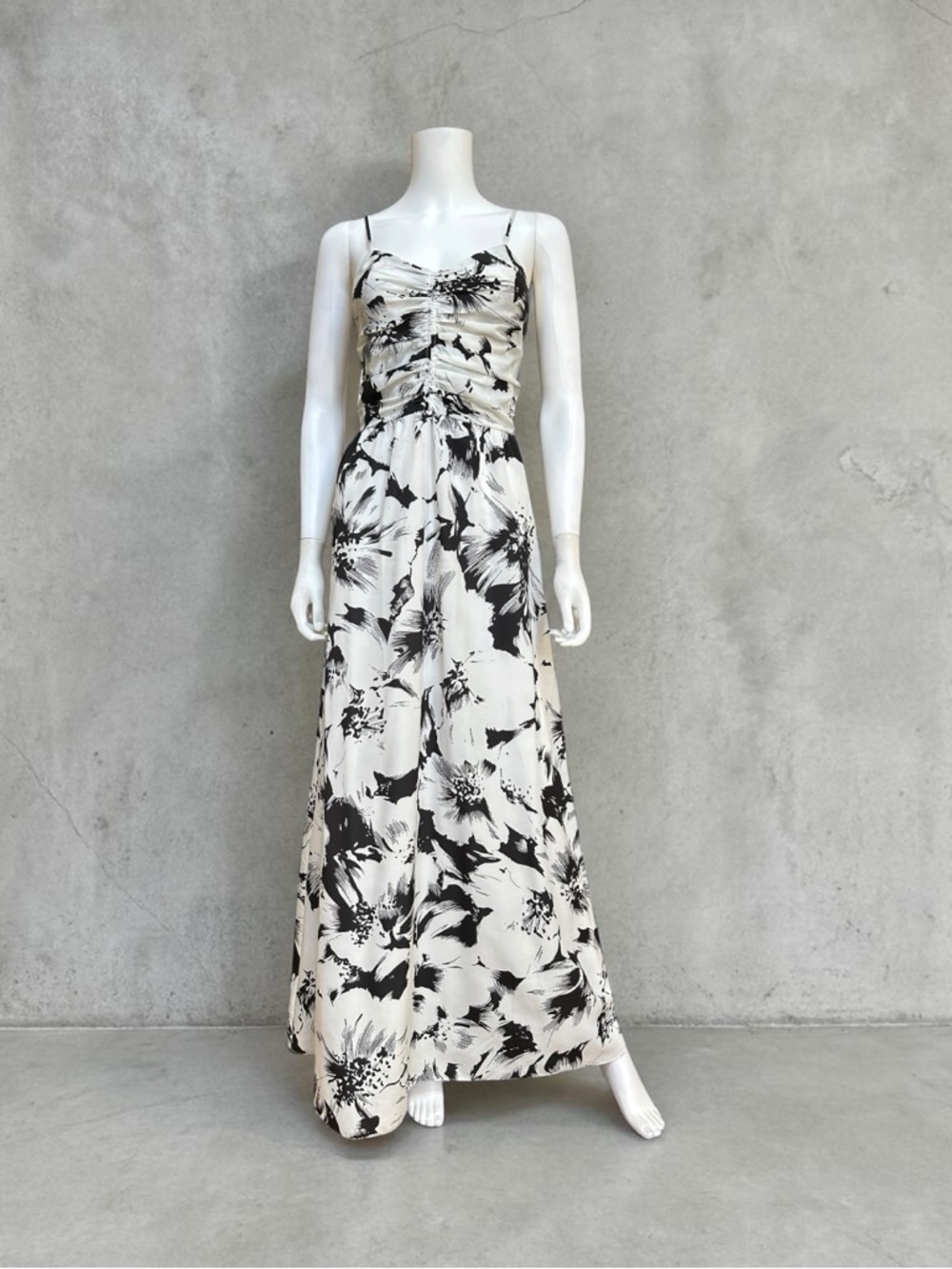 Parker Black & White Floral Maxi Dress with Ruched Bodice, NWOT, S